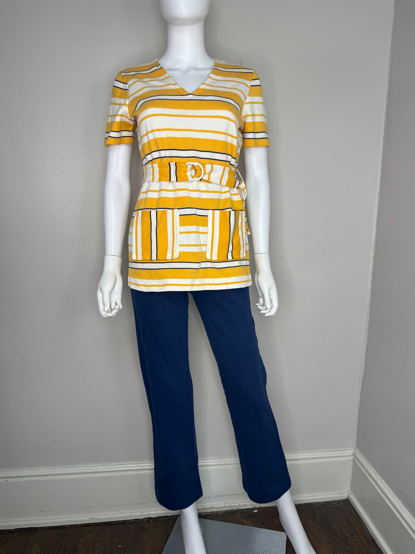 1960s Yellow Striped Tunic and Navy Blue Knit Pants Set, Jantzen Size XS-Small, V Neck Belted T-Shirt