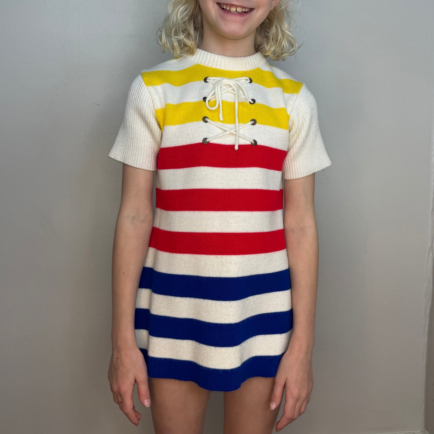 1970s Girls' Striped Knit Dress, Sears Size 5, Primary Colors, Lace Up