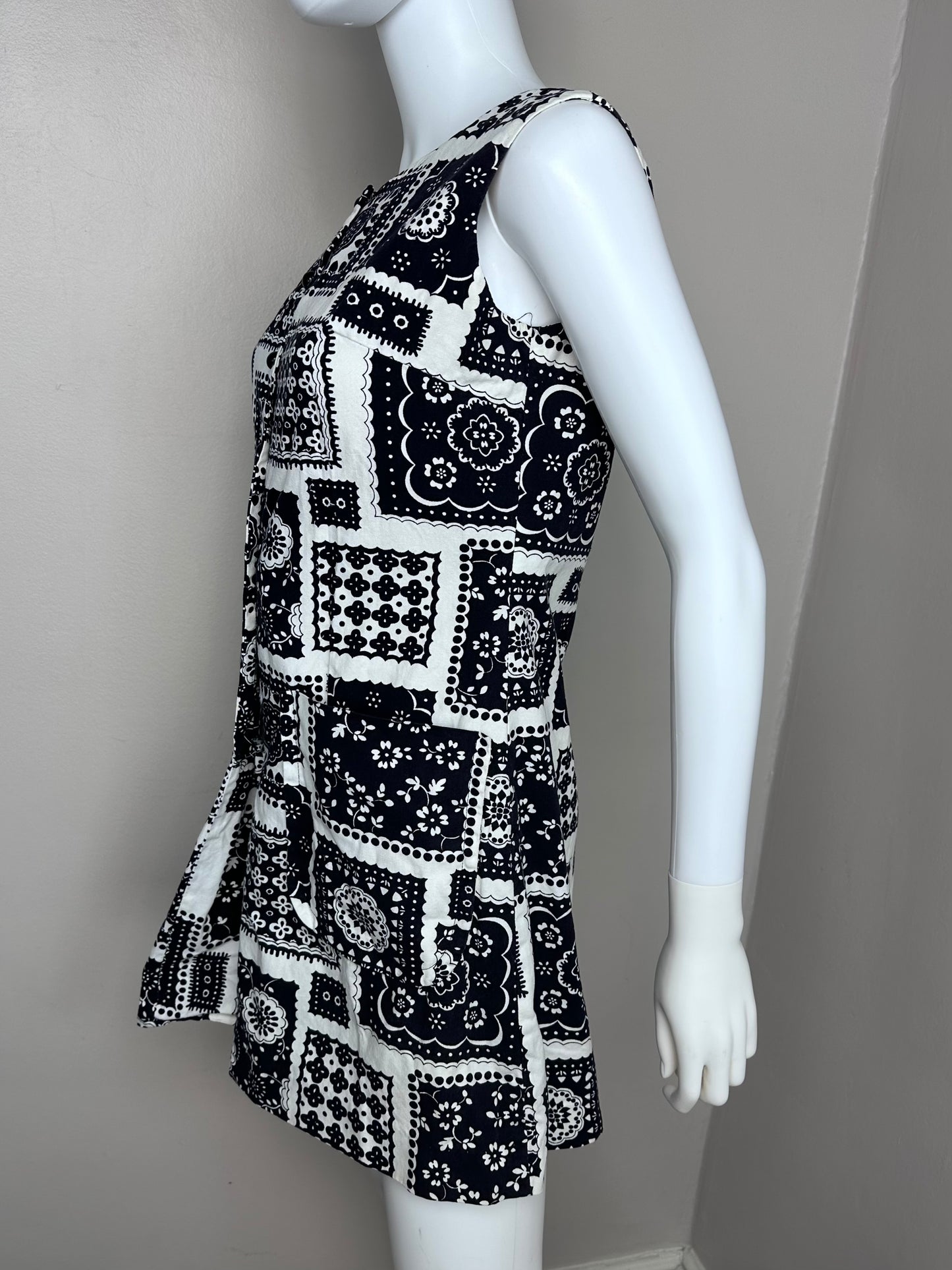 1960s Black and White Bandana Patchwork Print Romper, Sunny South Fashions Size Large