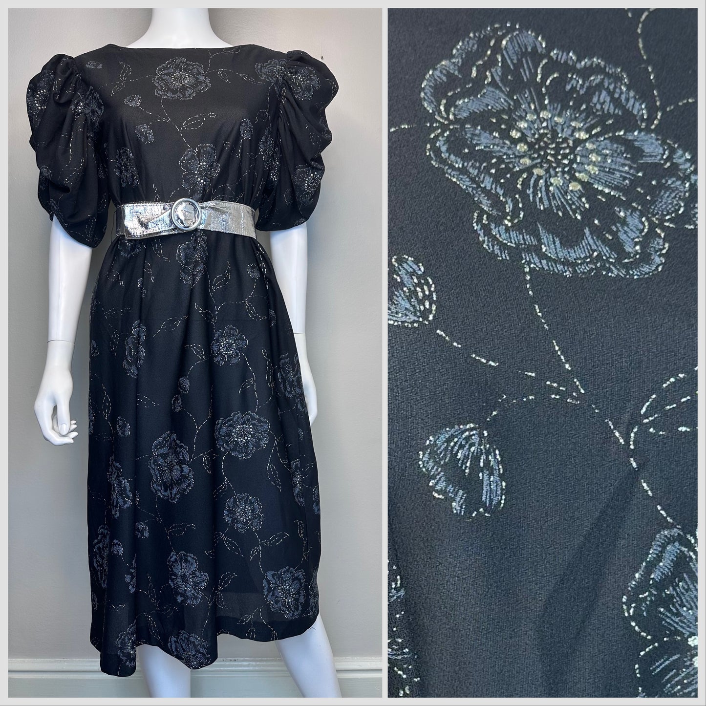 1980s Black Silver Sparkle Floral Dress, Size Large, Puffy Sleeves, Silver Belt