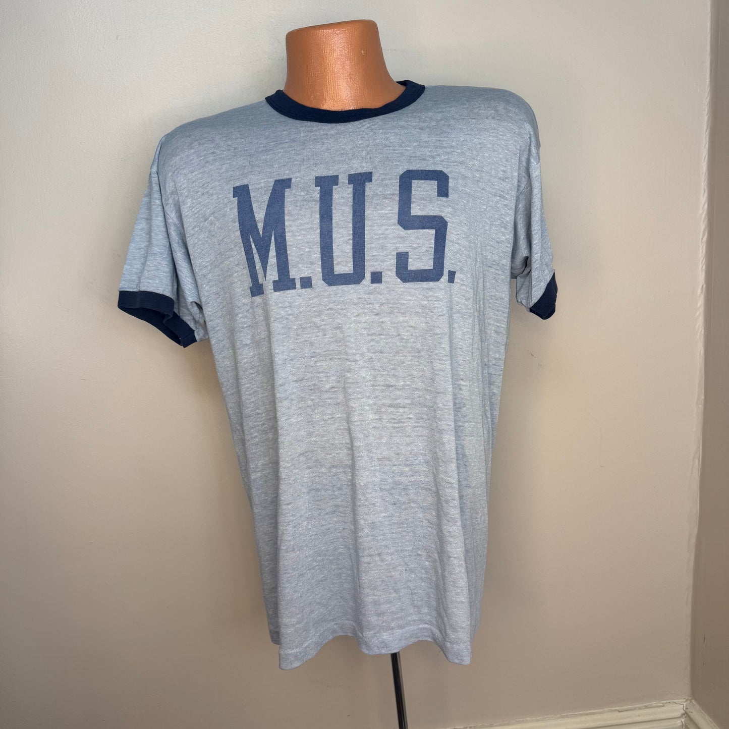 1980s MUS T-Shirt, Champion Ringer Tee Size Large, Memphis University School, Distressed