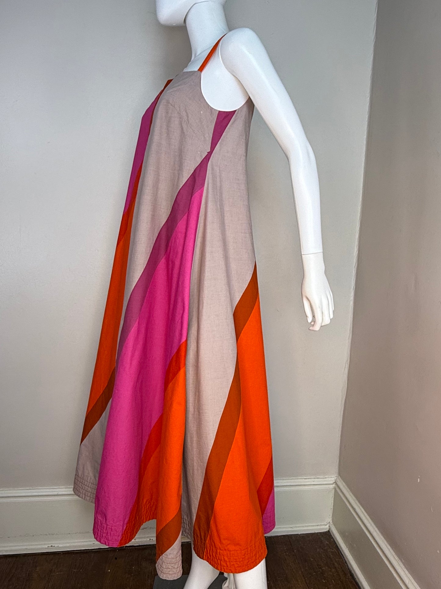 1960s Marimekko Midi Dress, Size Small, Sleeveless Sundress, Pink Orange and Grey Bold Wide Stripes, Suomi Finland, Design Research, Dated 1967