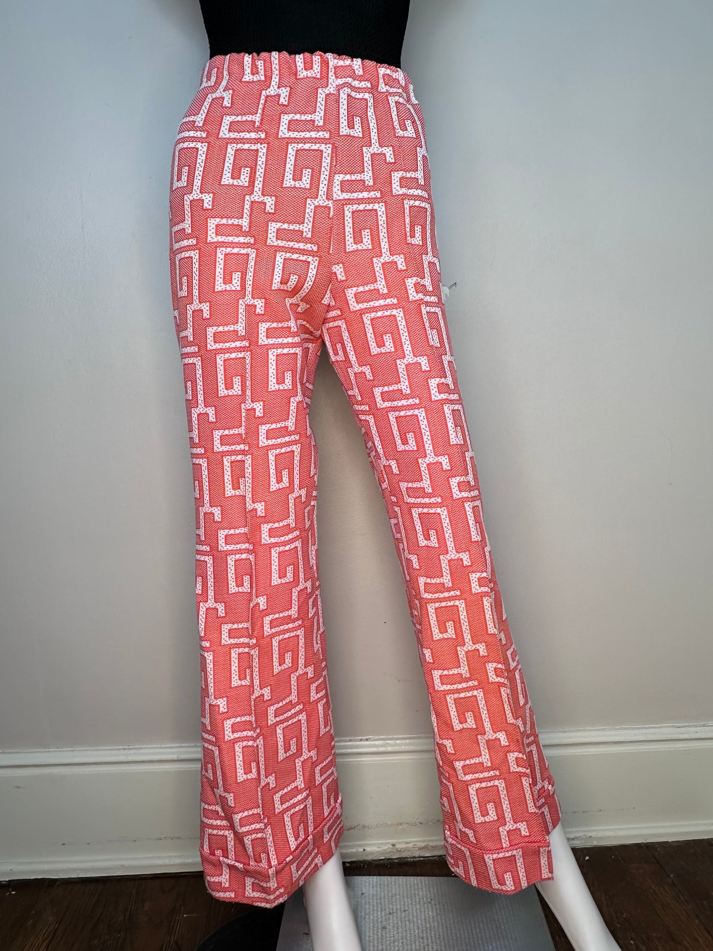 1970s Funky Orange Geometric Design Bellbottom Polyester Pants, Size Small-Medium, Elastic Waist