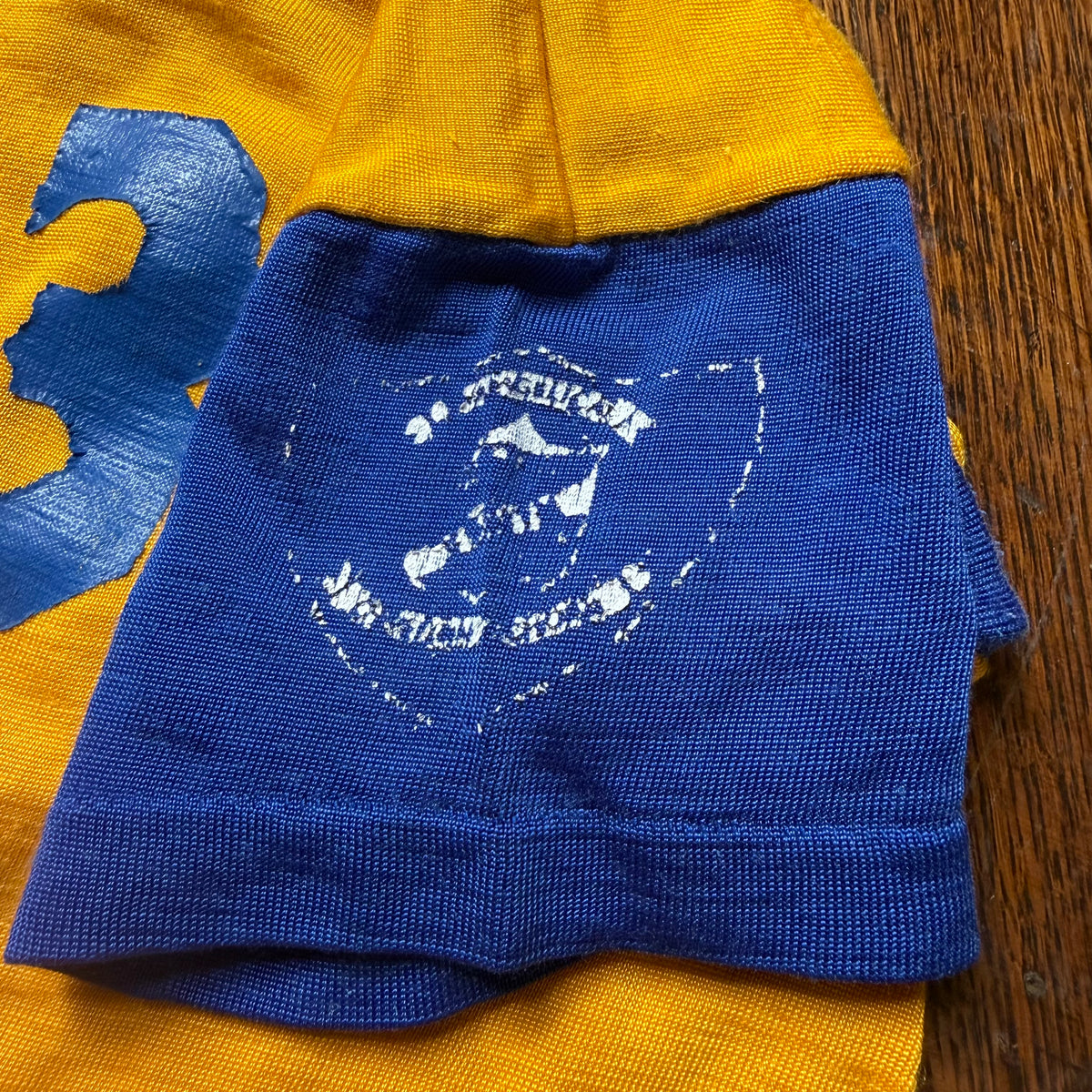 1960s/70s Kids’ Yellow and Blue Durene Jersey T-Shirt Youth Medium, No 43, Distressed