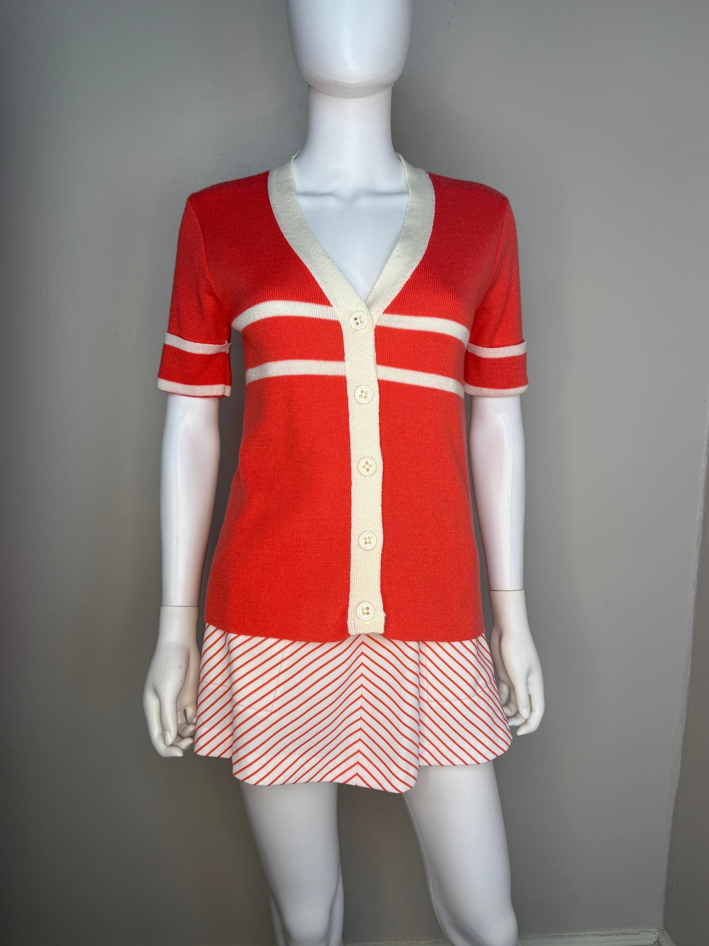 1970s Coral Tennis Skirt and Sweater Set, Stripe Mini Skirt and Short Sleeve Cardigan, Carol Canaan for Top Seed Size Small, Forty Love Tennis Shoppe