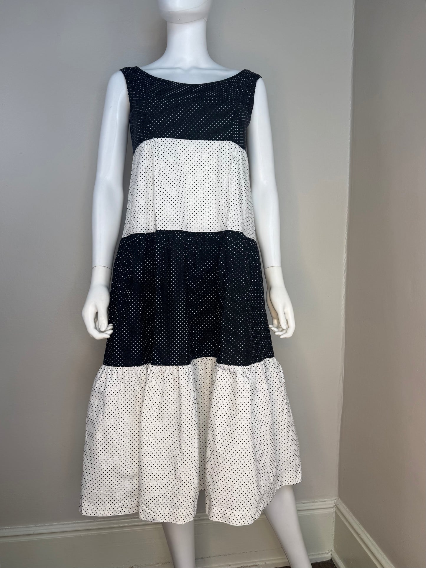 1970s Black and White Dot Sleeveless Dress, Tiklas Finland Size Small, Sundress