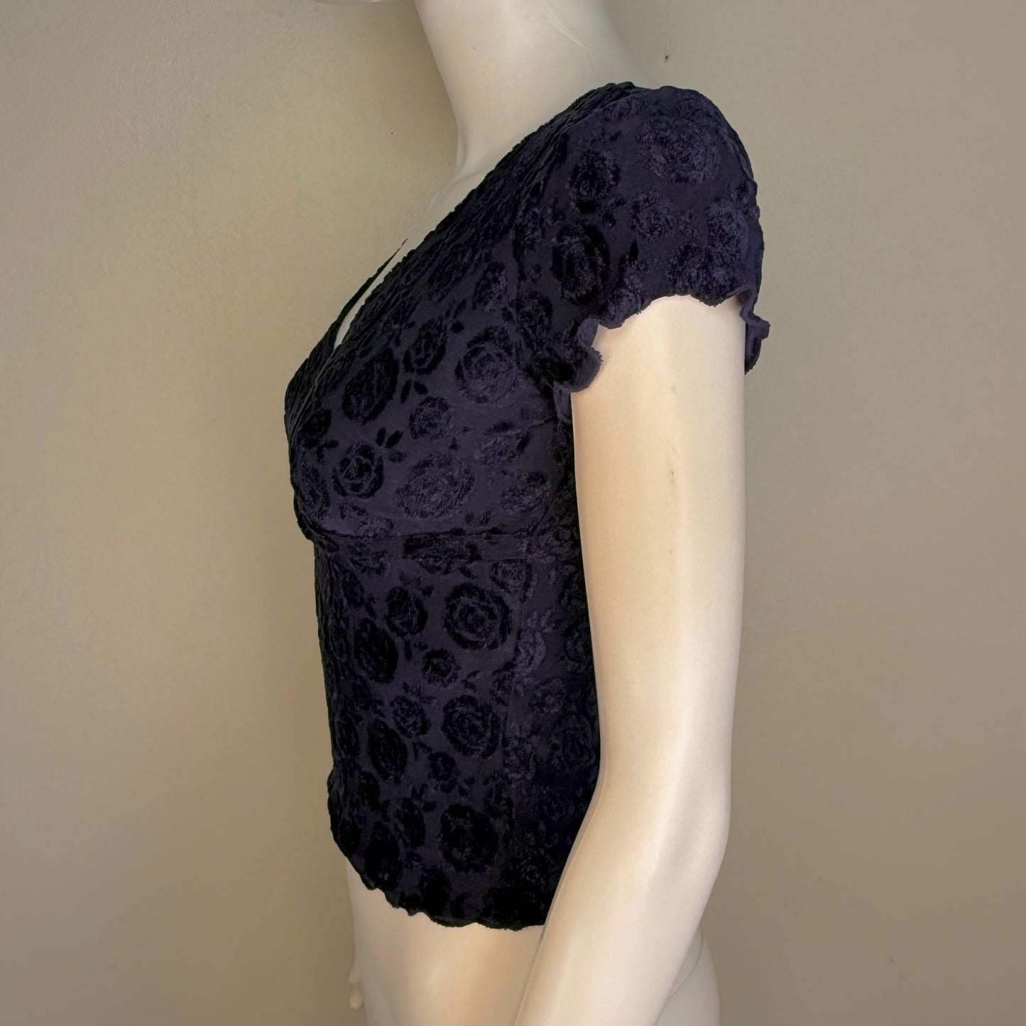 1990s/Y2K Navy Blue Floral Velvet Burn Out Top, Jazz Sport Size XS, Mesh Knit with Velvet Flowers