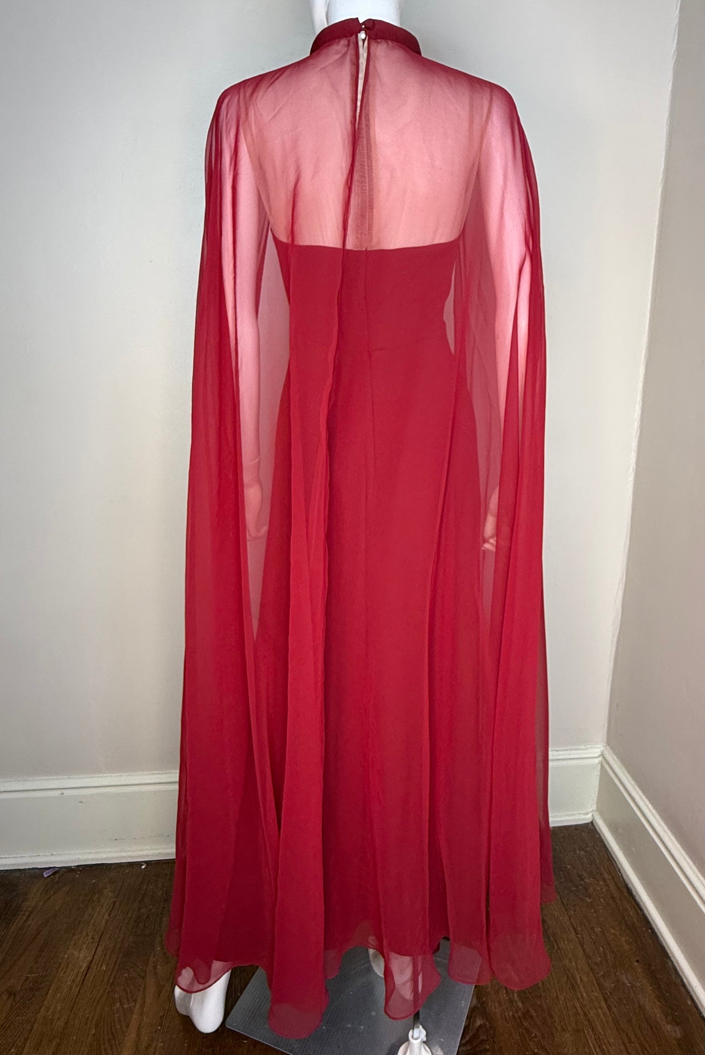 1970s Red Maxi Dress with Sheer Cape, Miss Elliette Size XS
