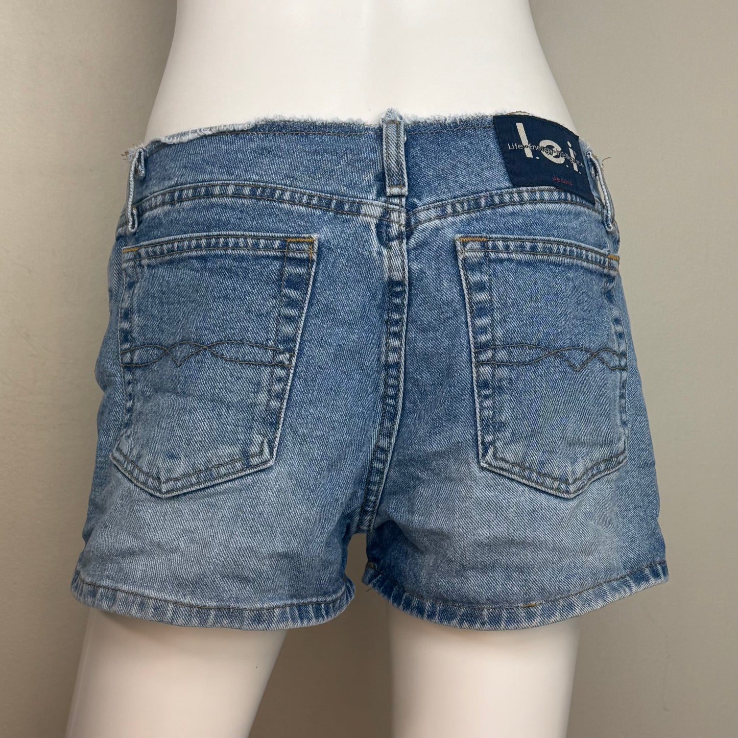 1990s/Y2K Low Rise Denim Shorts, L.E.I. Size 7, Raw Edge Waistband