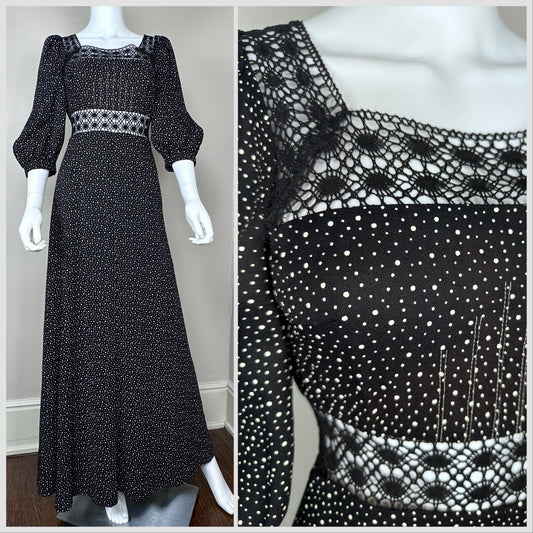 1970s Black and White Polka Dot Maxi Dress, Puszta Size XXS, Lace Cut Outs