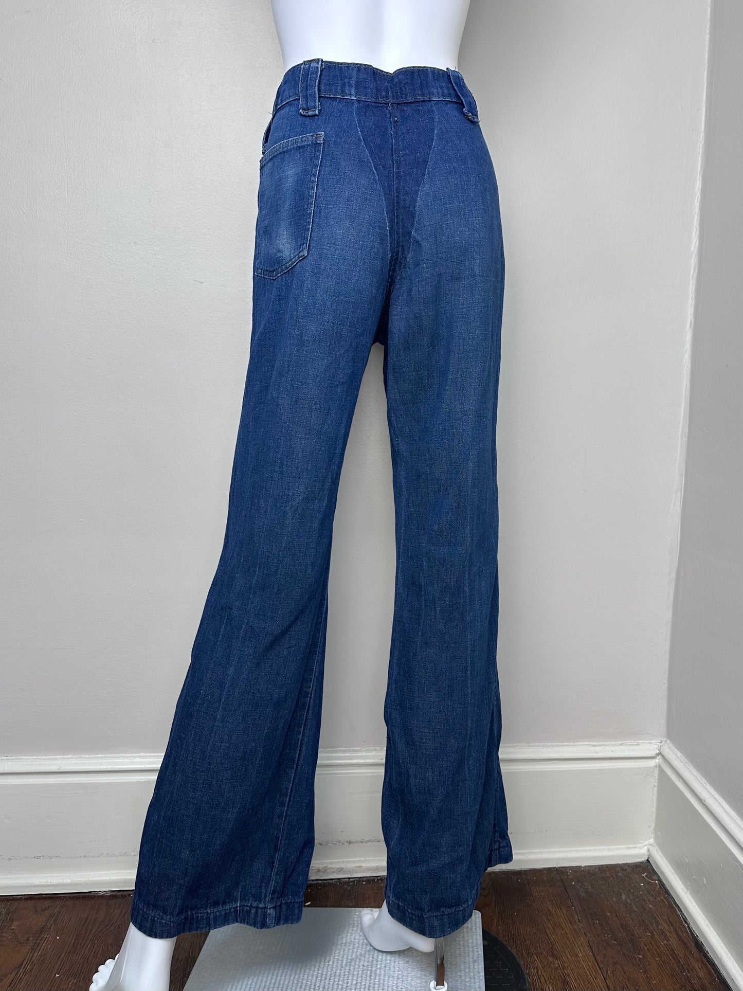 1970s Flare Leg Jeans, Giant Lace Up Pockets, 35x31.5