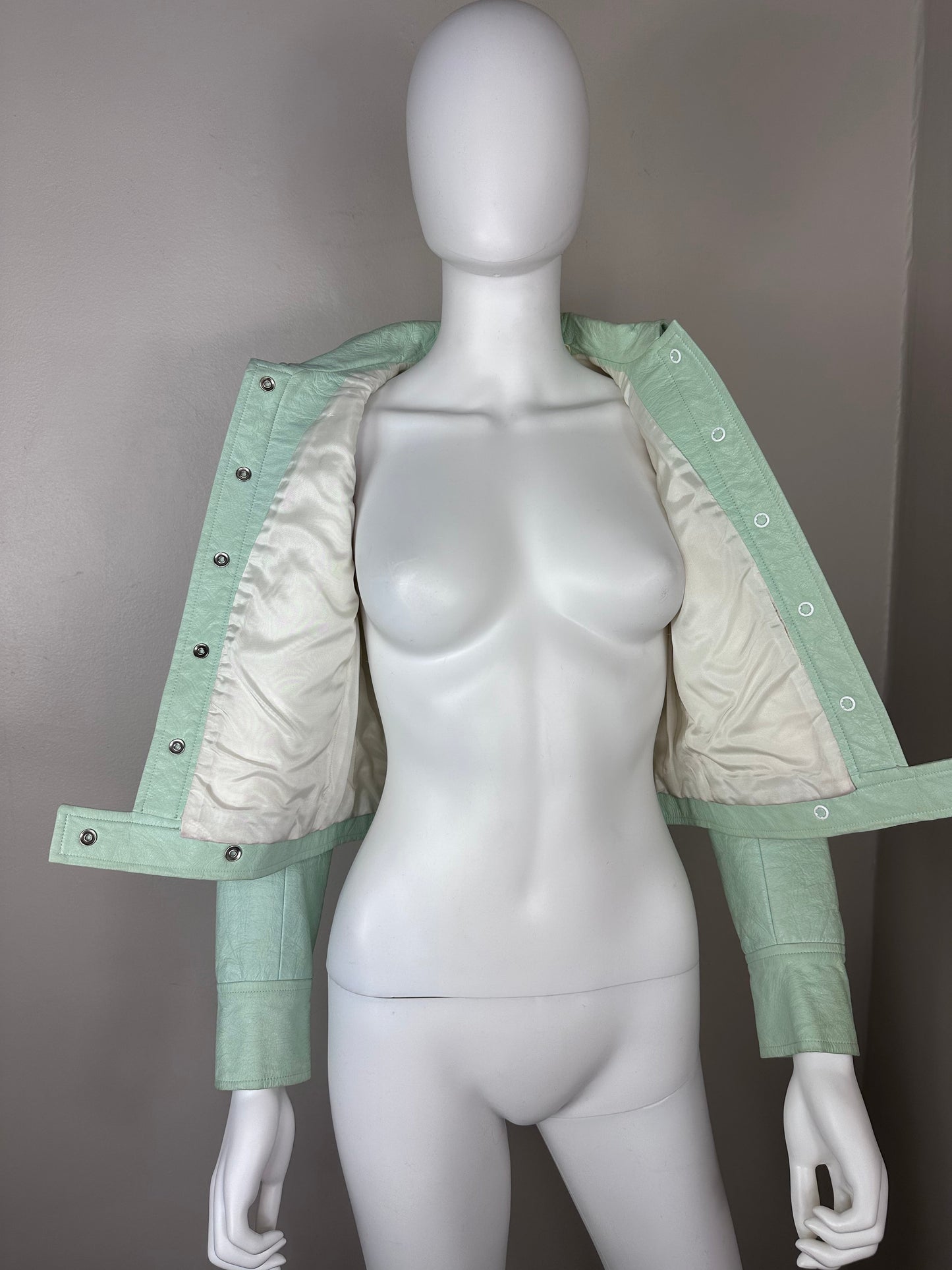 1970s Courrèges Paris Hyperbole Mint Green Vinyl Jacket, Size 00/XXS