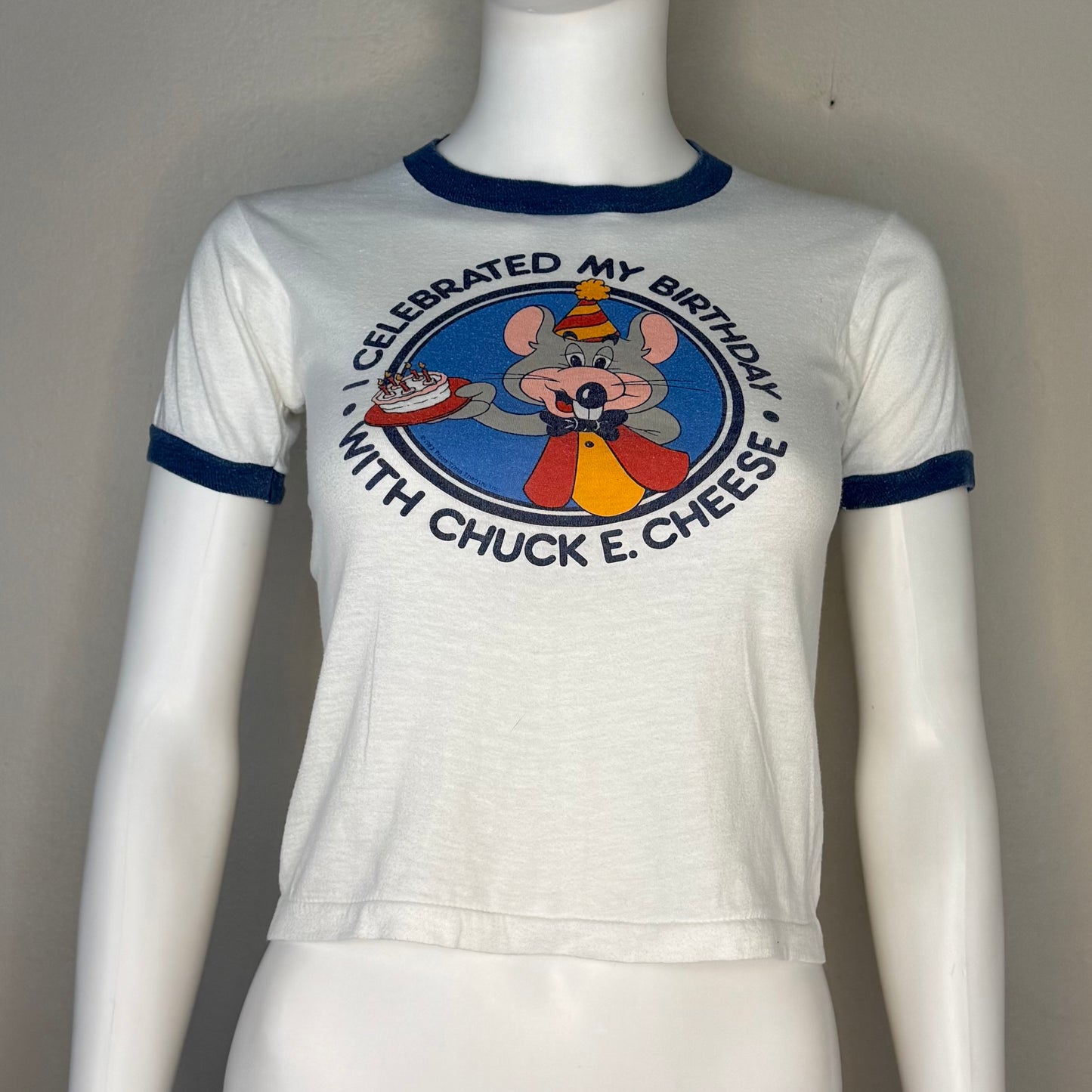 1980s Kids’ I Celebrated My Birthday with Chuck E Cheese T-Shirt, Screen Stars Ringer Tee Size 10-12