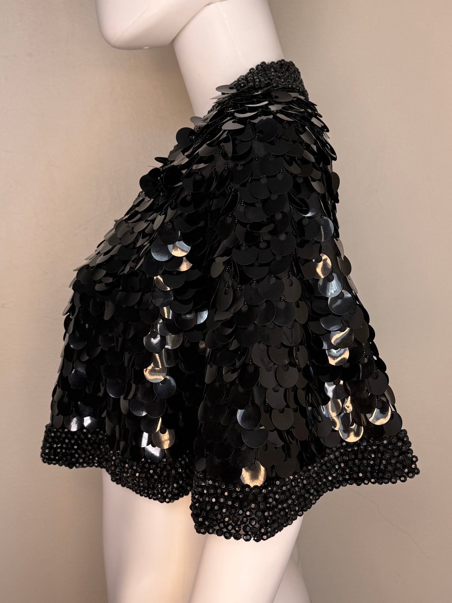 1960s Black Sequin and Beaded Cape, Silk Capelet, Size Small