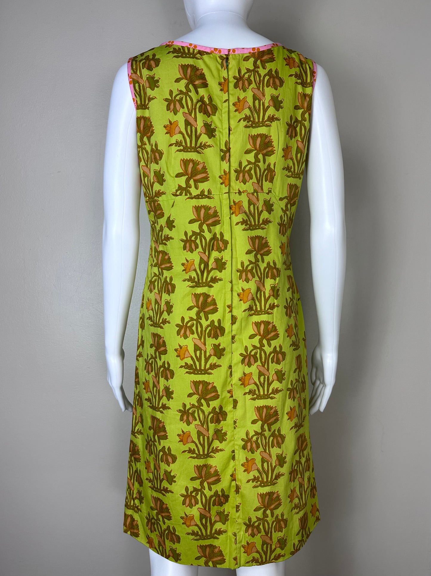 1960s Green and Pink Floral Sleeveless Dress, Handmade Size Small