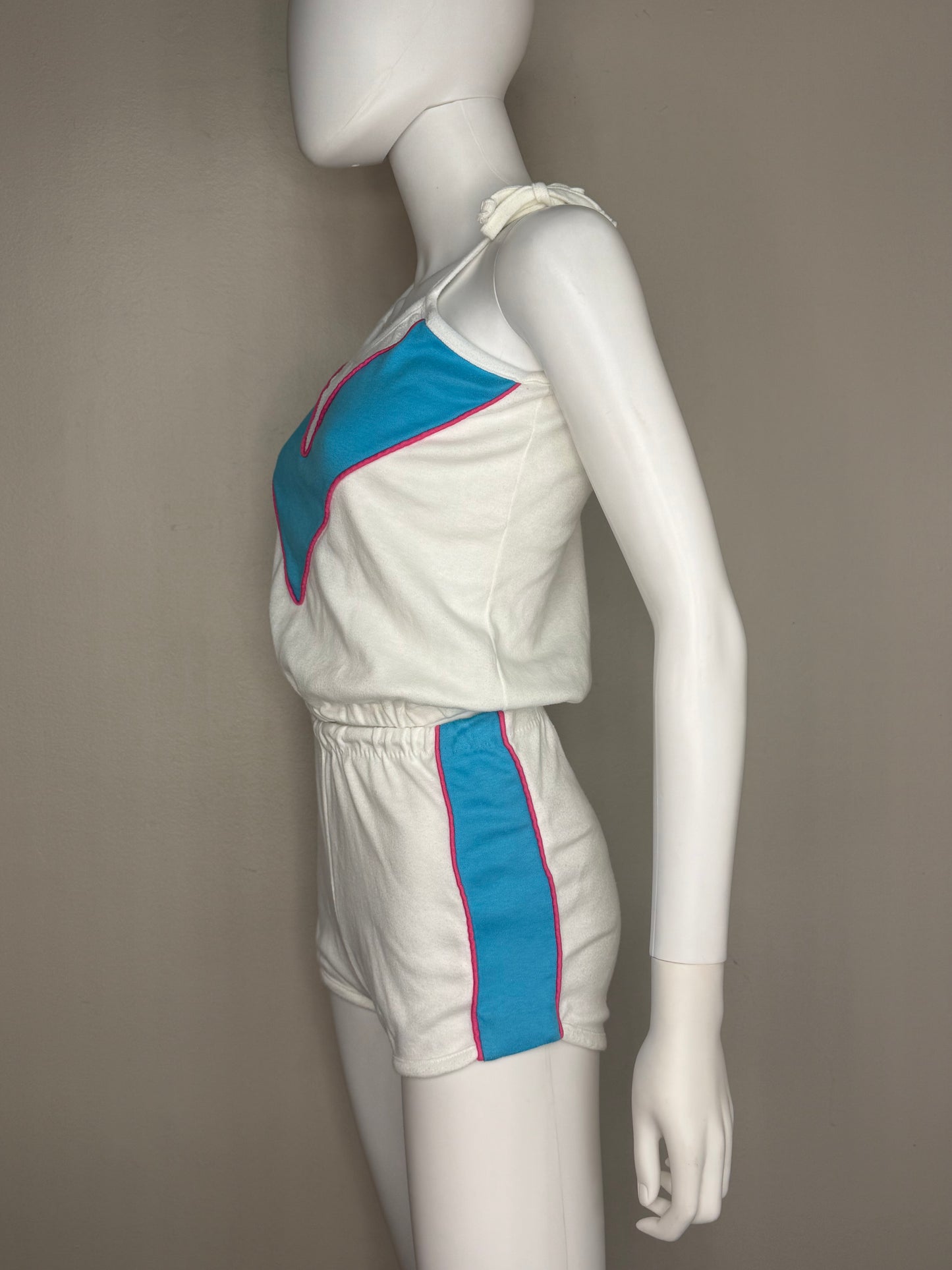 1980s White and Aqua Knit Top and Shorts Set, Fashion Square Size XS