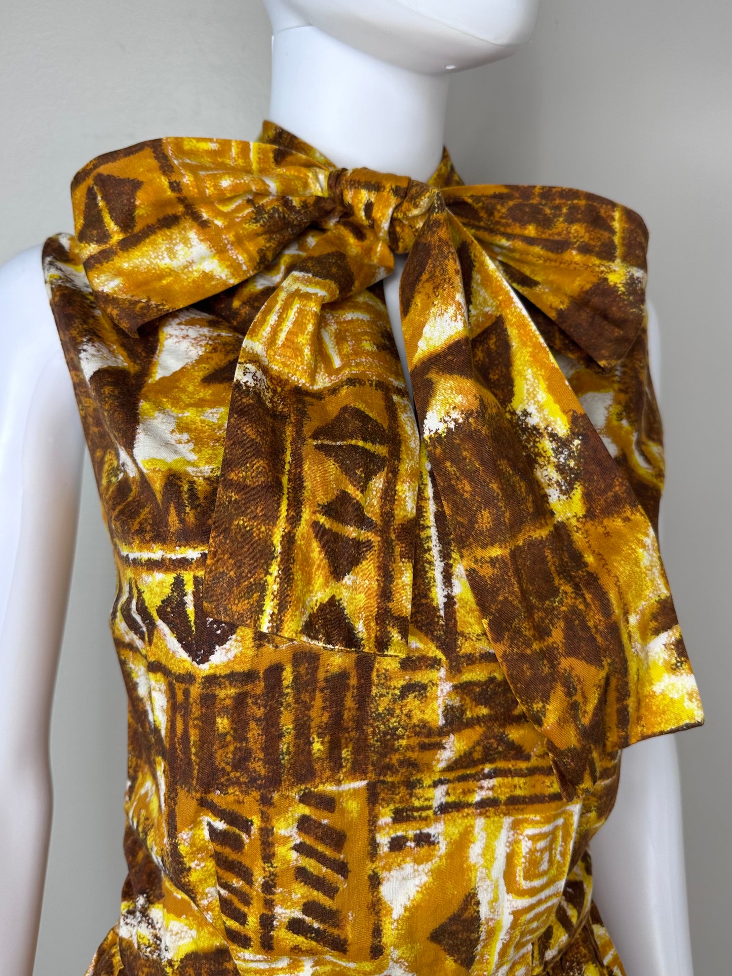 1960s Yellow Tiki Print Dress with Huge Neck Bow Size XS