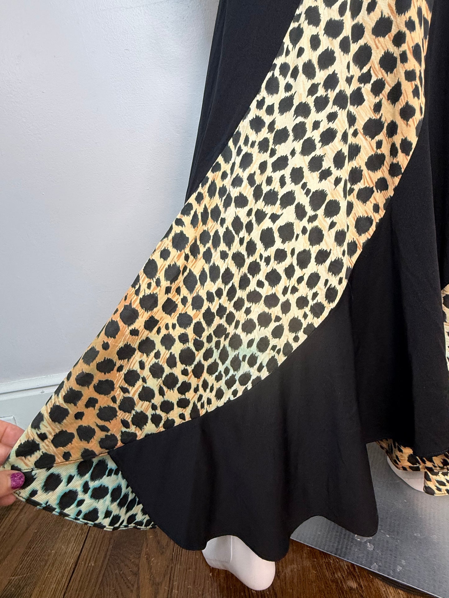 1970s Leopard Print Maxi Dress, Long Sleeve Turtleneck, Size Small, Curved Panel Skirt with Full Sweep