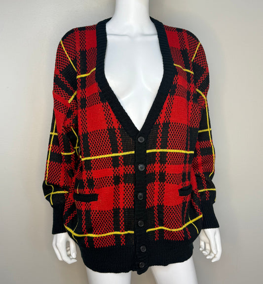 1980s Red Plaid Cardigan Sweater,  Instant Glamour Limited Express Size Large, Deadstock with Tags
