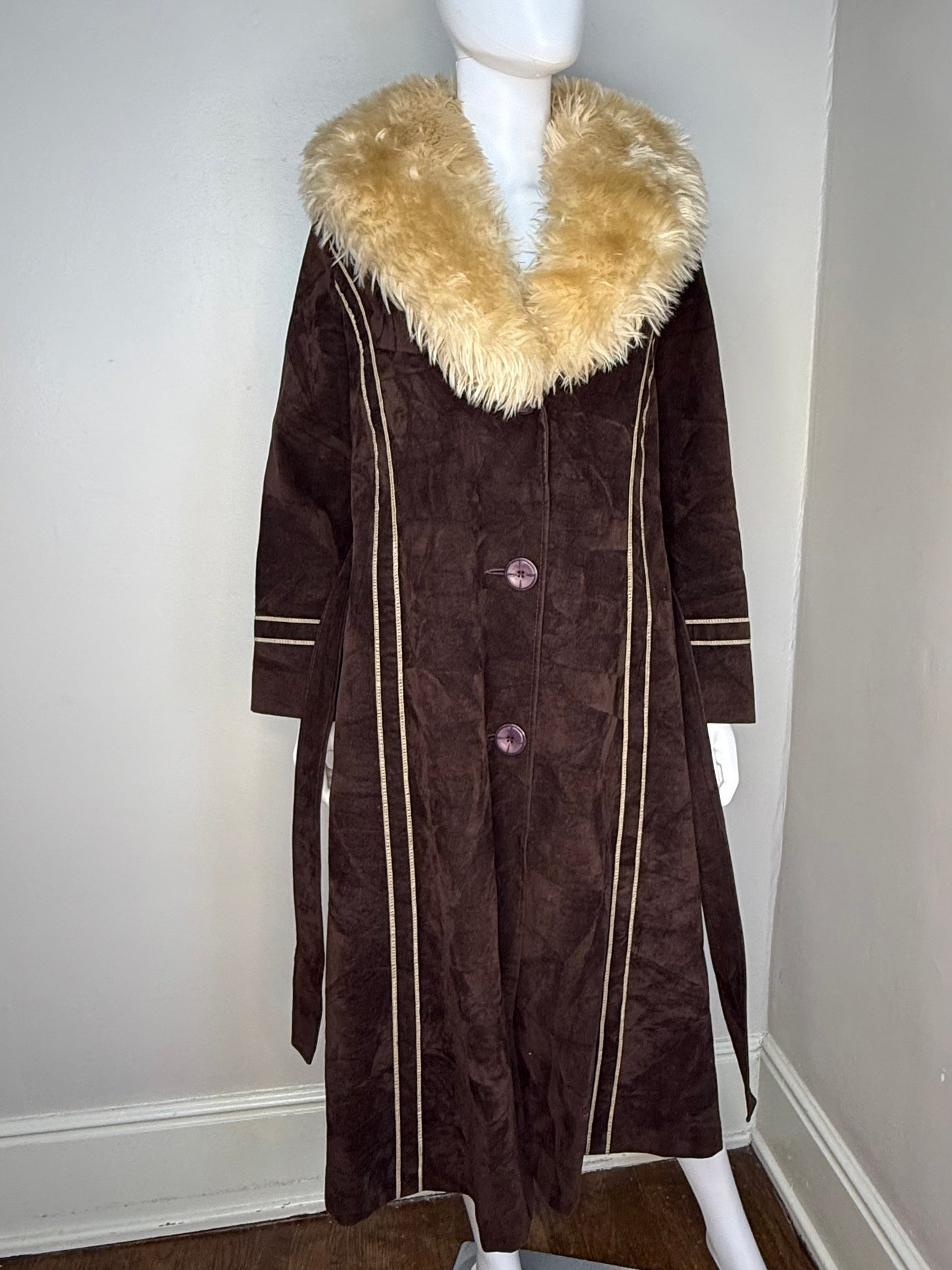 1970s Brown Velvet Coat with Faux Fur Collar, Size Small, Penny Lane