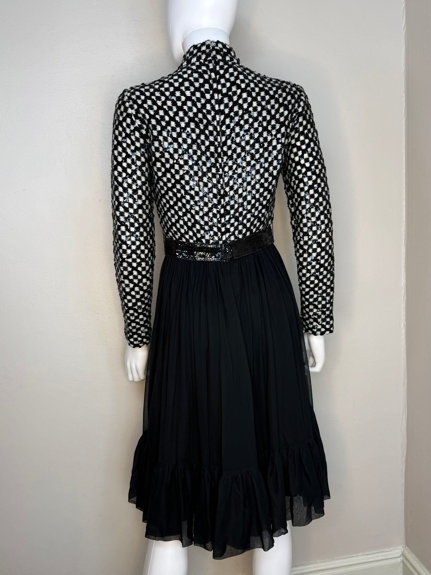 1960s/70s Sequin Mod Dress, Black and White Check, Size X-Small