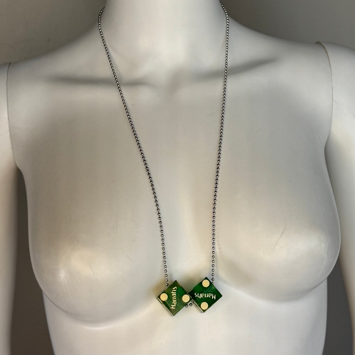 Vintage Dice Necklace, Harrah’s Joliet Casino, Translucent Green