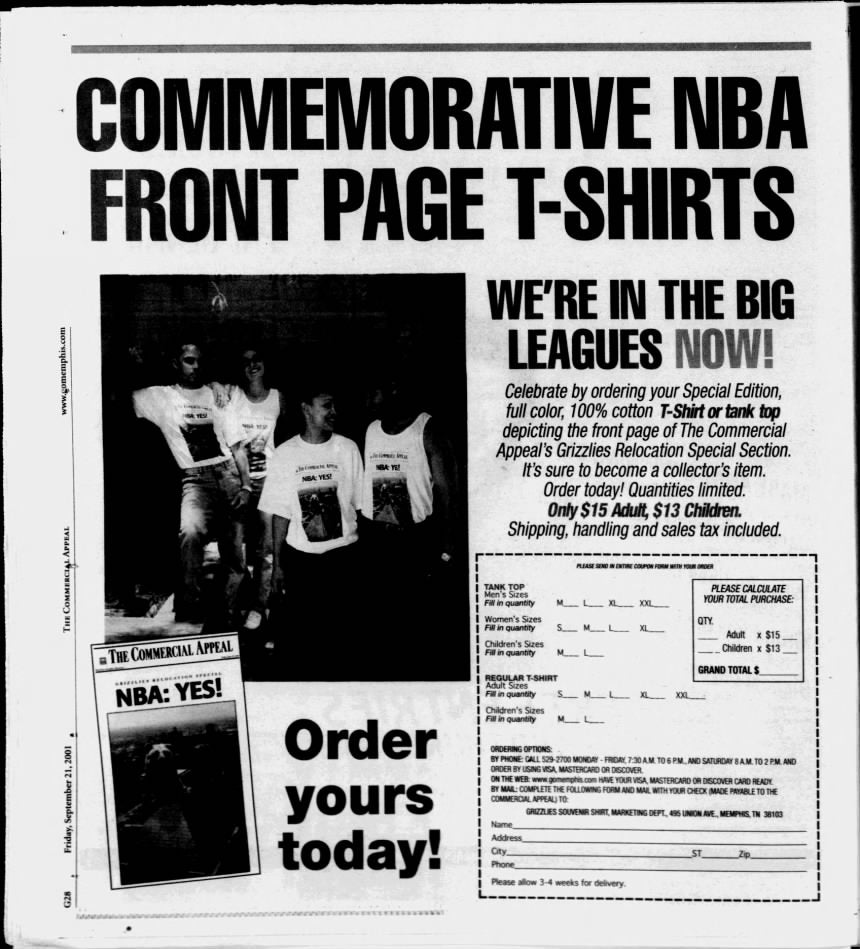 Y2K Memphis Grizzlies Commemorative NBA Front Page T-Shirt, Commercial Appeal, Hanes Beefy T Size Medium