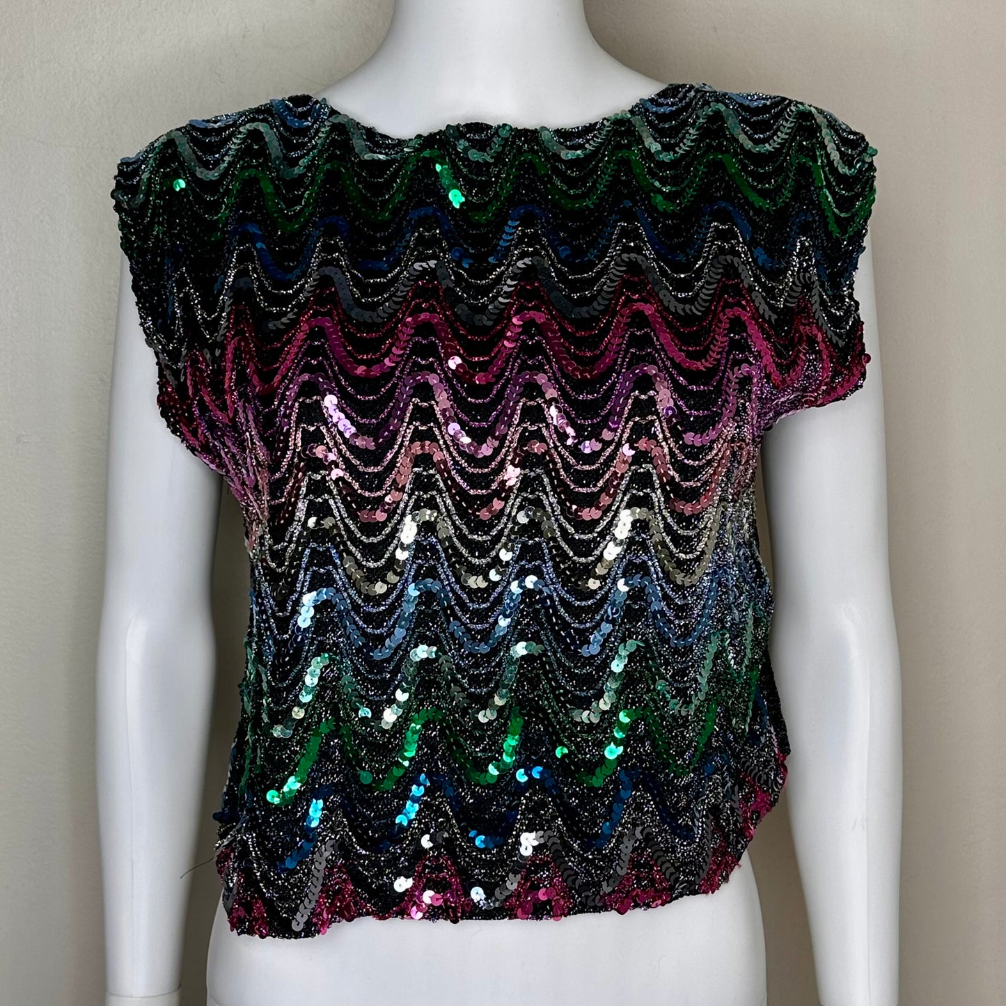 1980s Rainbow Zig Zag Sequin Top, Size Medium