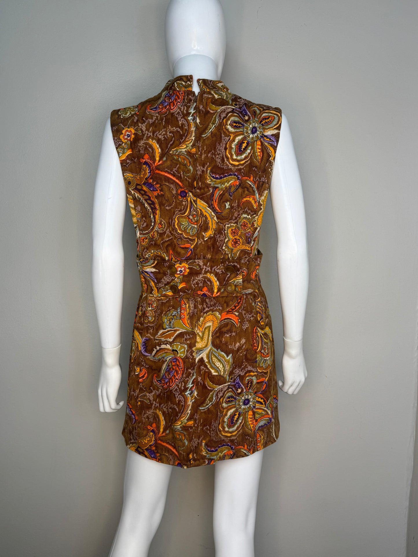 1960s Brown Paisley Cotton Barkcloth Mini Dress and Pants Set, Handmade Size Medium