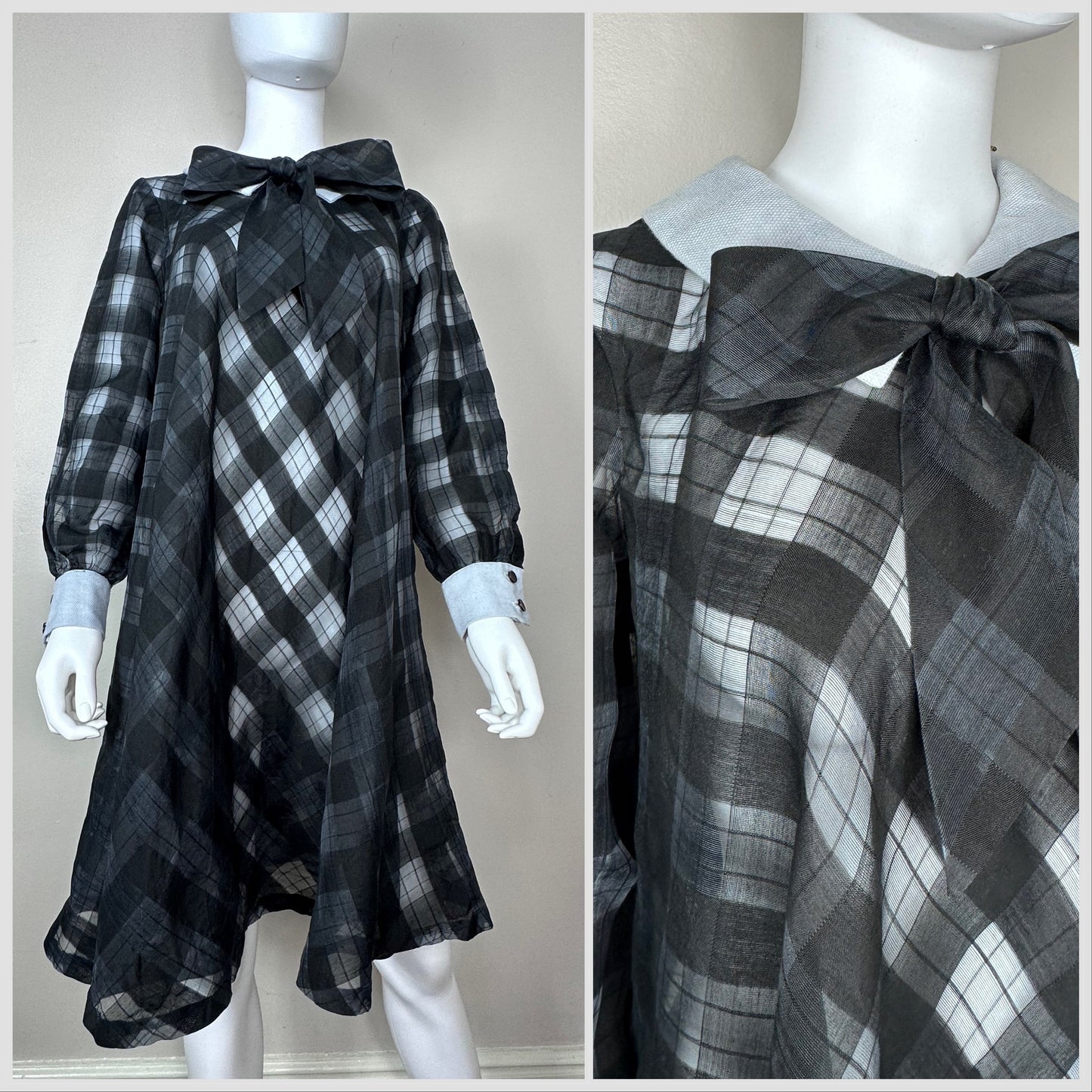 1960s Sheer Black Plaid Tent Dress, Fashionmaker Original Size S-M