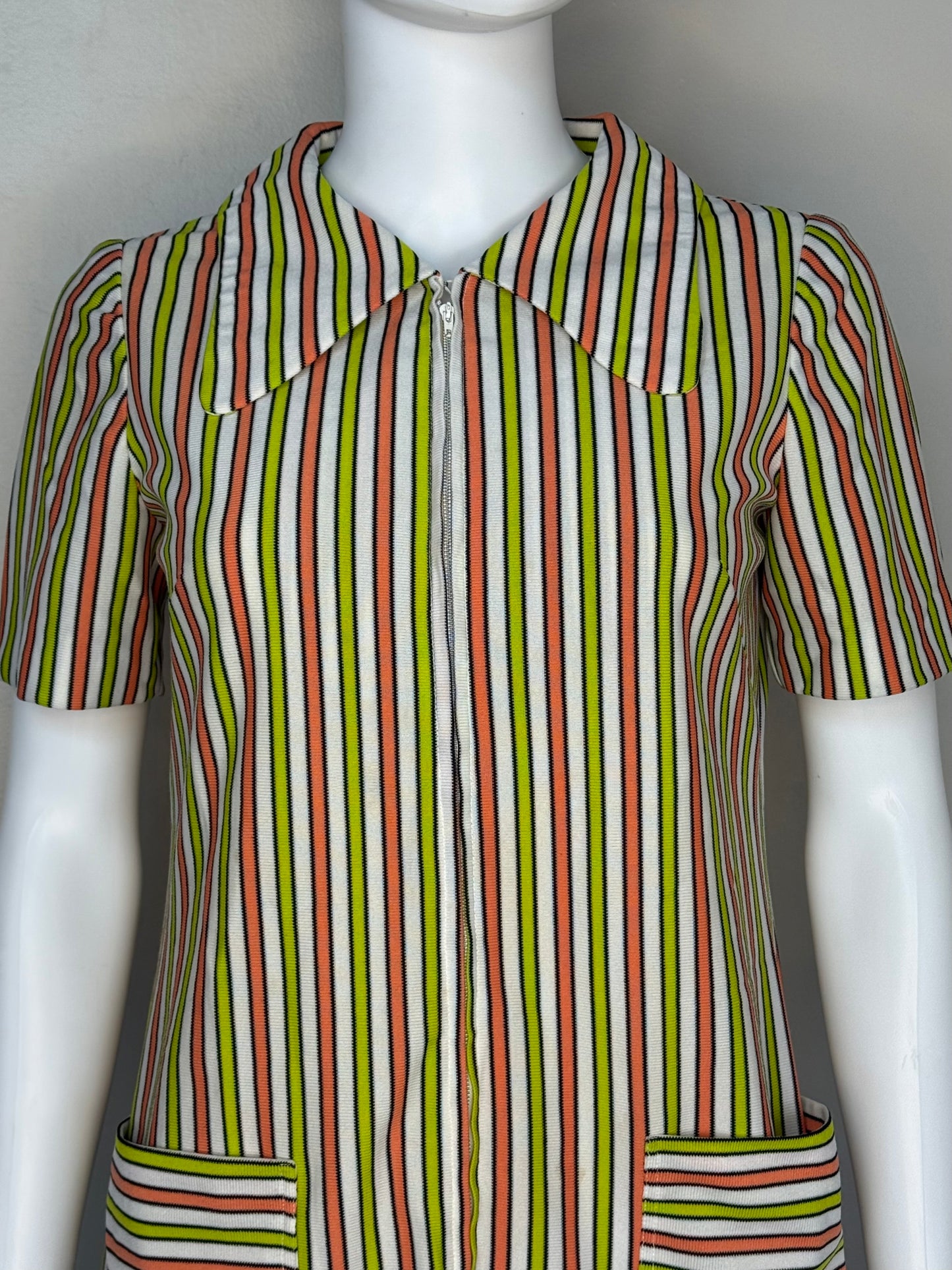 1970s Striped Mod Dress with Large Collar, Handmade, Size S/M, Double Knit Polyester Zip Front