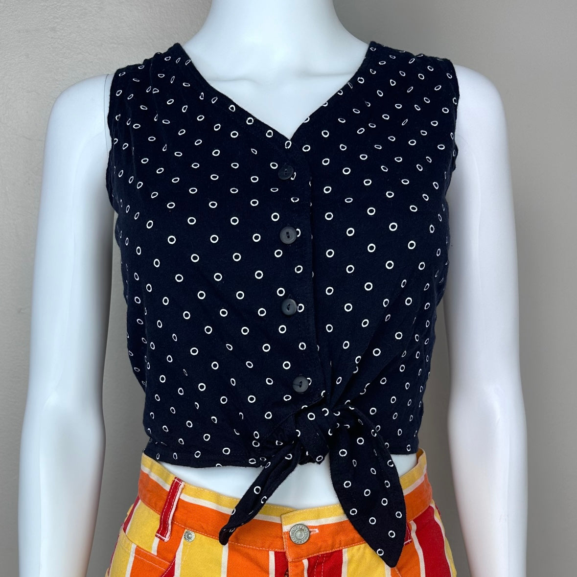 1990s Navy Blue Polka Dot Knit Sleeveless Tie Front Cropped Blouse, Liz & Co Size Large