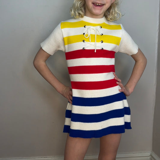 1970s Girls' Striped Knit Dress, Sears Size 5, Primary Colors, Lace Up