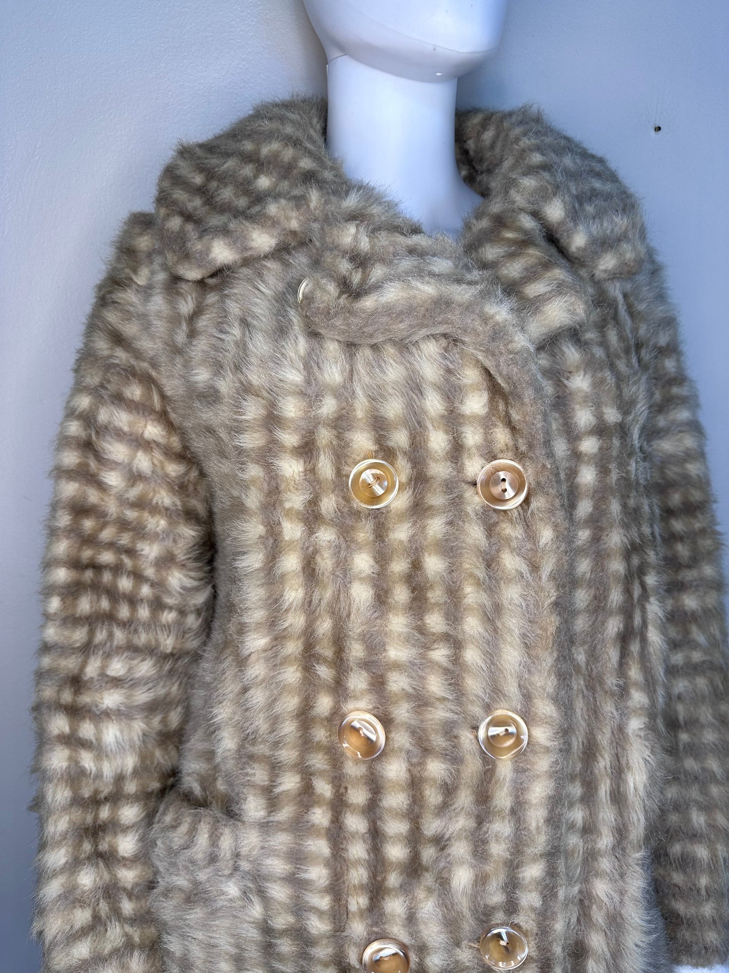 1960s Tan Plaid Faux Fur Coat, Size Small