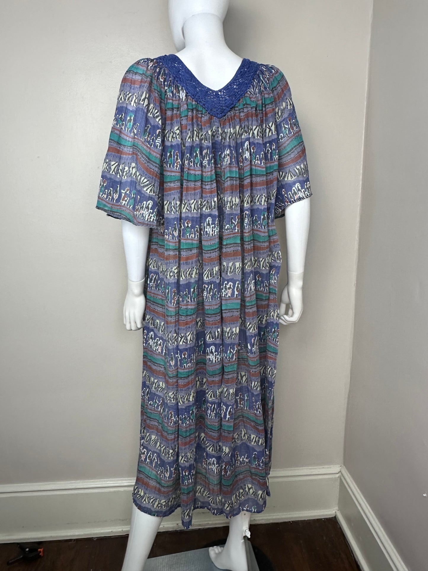 1970s/80s Novelty Print Gauze Muumuu Dress, Naqui, Caftan Gown, Open Sizing