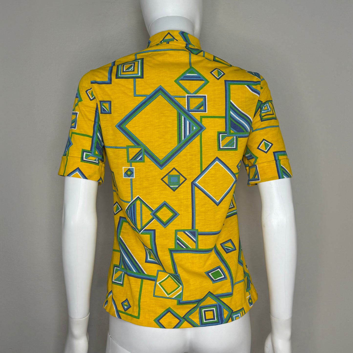 1970s Yellow Geometric Print Polo Shirt, Janstorp International Swedish Design Size Small