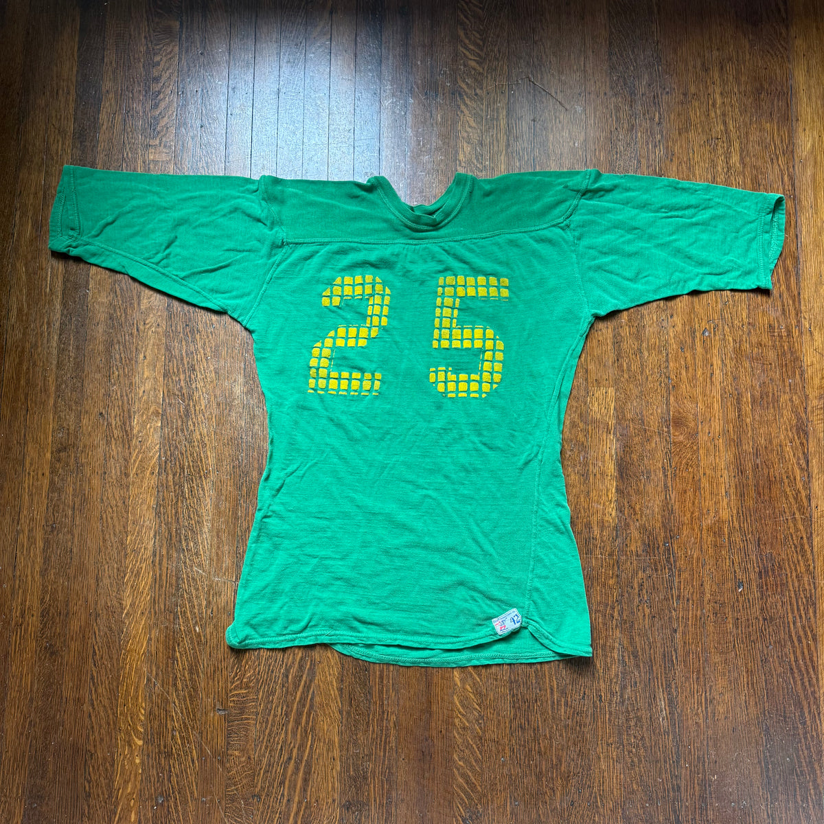 1950s Green Cotton Jersey T-Shirt, Large Yellow Grid Number 25, Red Fox Manufacturing Size 42