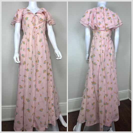 1970s Pink Floral Maxi Dress, Denise Are There! Size Small