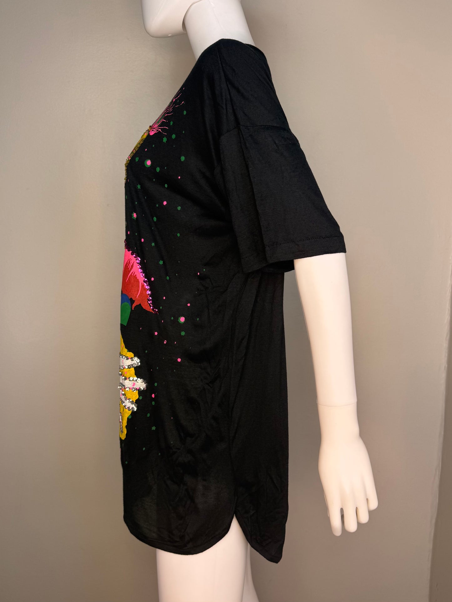 1980s Clown T-Shirt Tunic, Sequins, Embellished, Ultra Hand Made in Bali, One Size