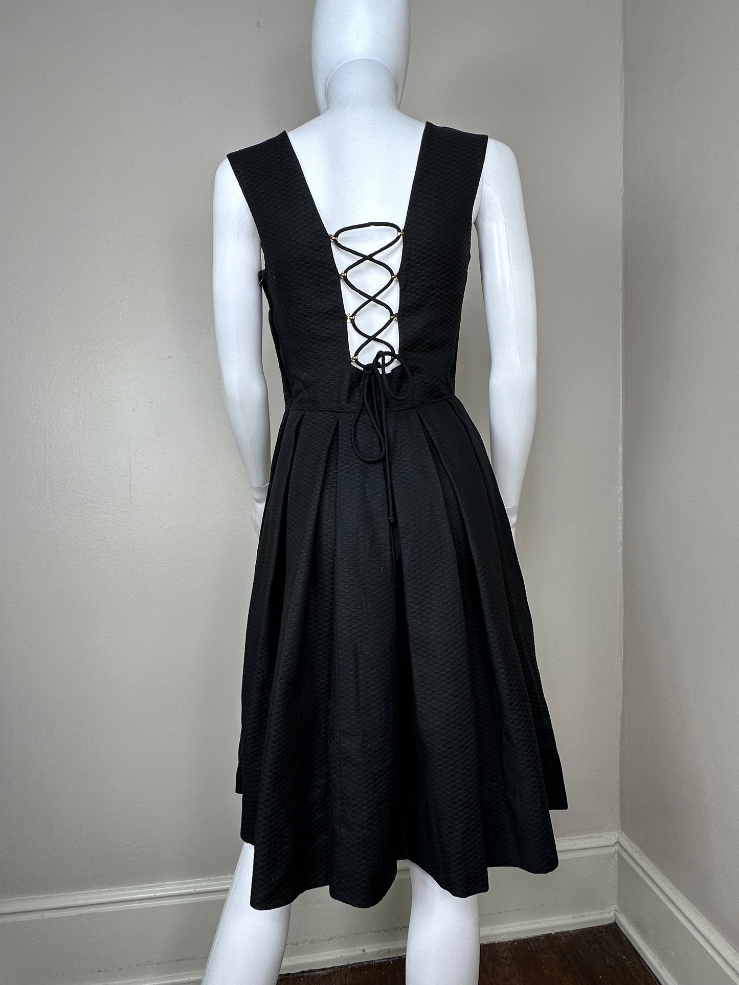 1960s Black Dress with Open Lace-Up Back, Gay Gibson Size XS