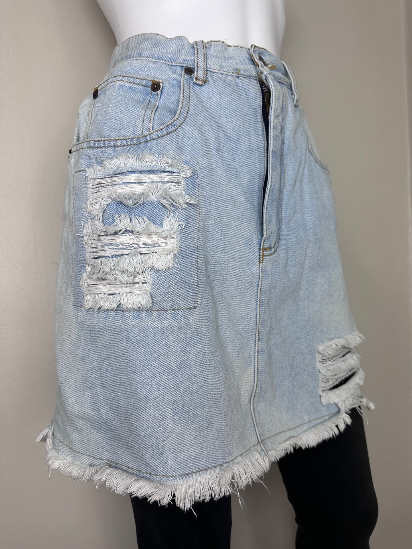 1980s/90s Denim Skirt with Attached Black Leggings, No! Jeans Size S/M, Distressed