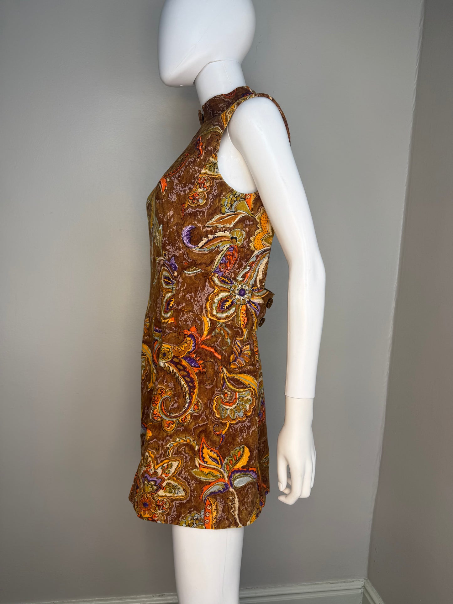 1960s Brown Paisley Cotton Barkcloth Mini Dress and Pants Set, Handmade Size Medium