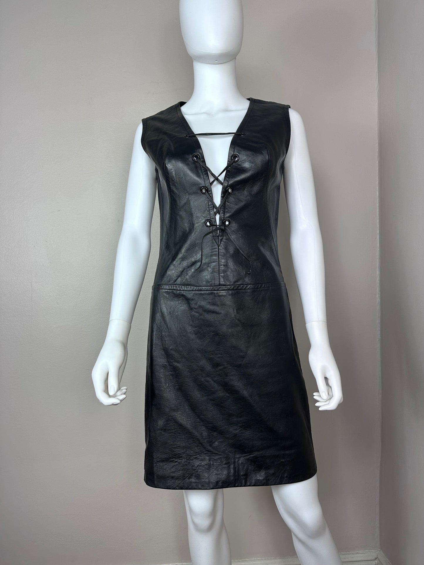 1960s Black Leather Mini Dress, Lace Up Plunging Neckline, Size Small