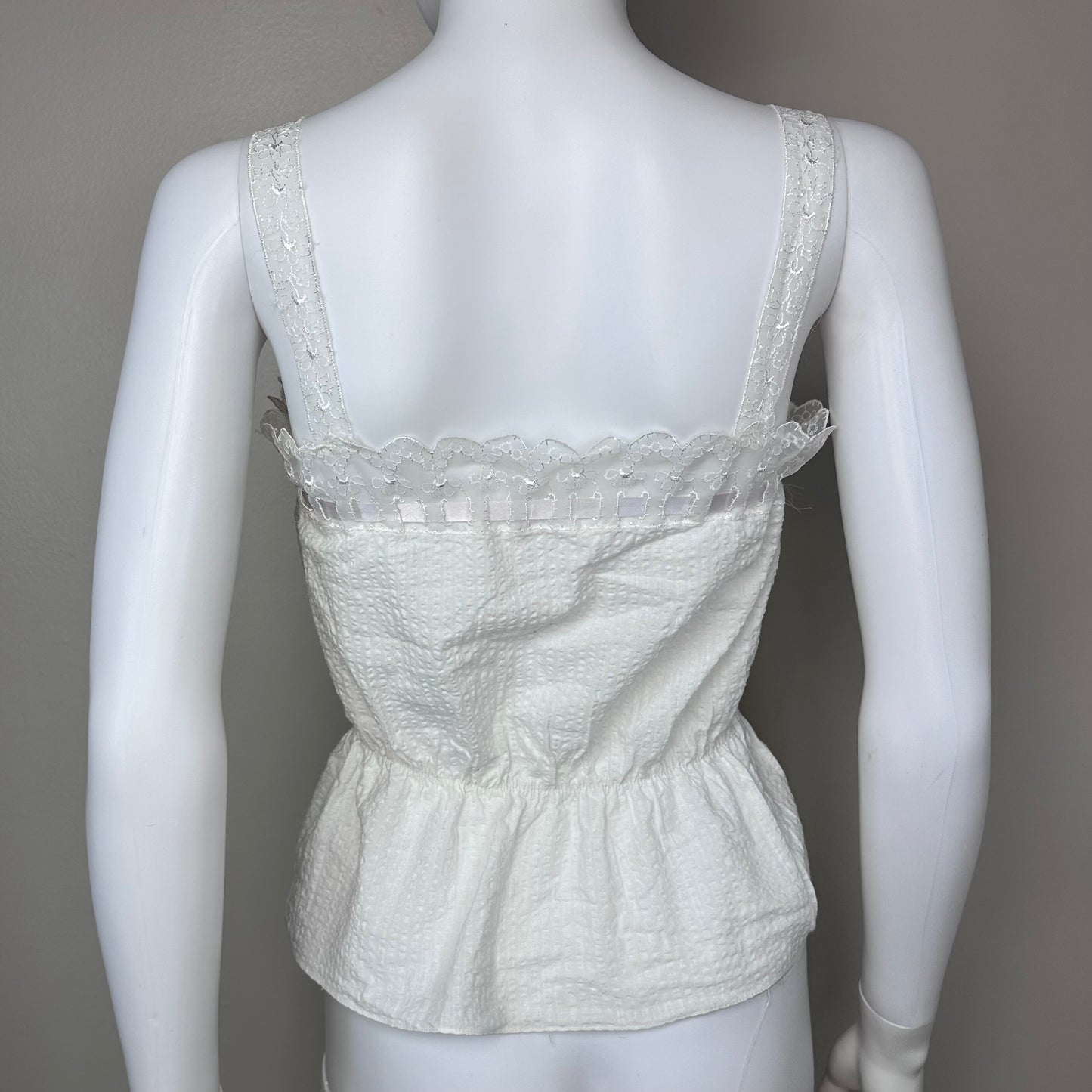 1950s White Seersucker Lingerie Tank Top, Lace Trim, Loomcraft Size XS-Small