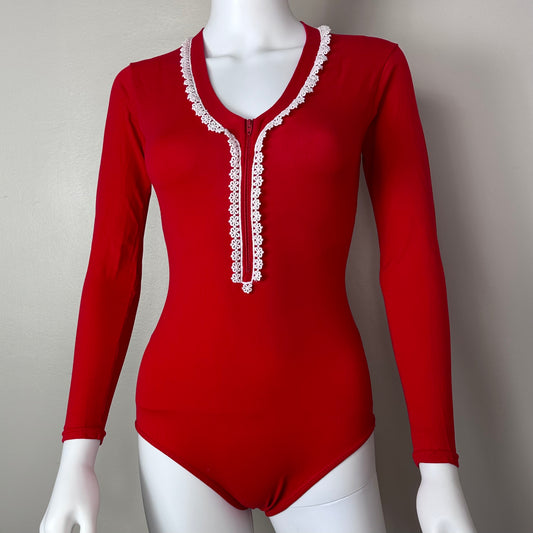1970s Red Zip Front Leotard Bodysuit with White Lace Trim, JC Penney Size XS/S