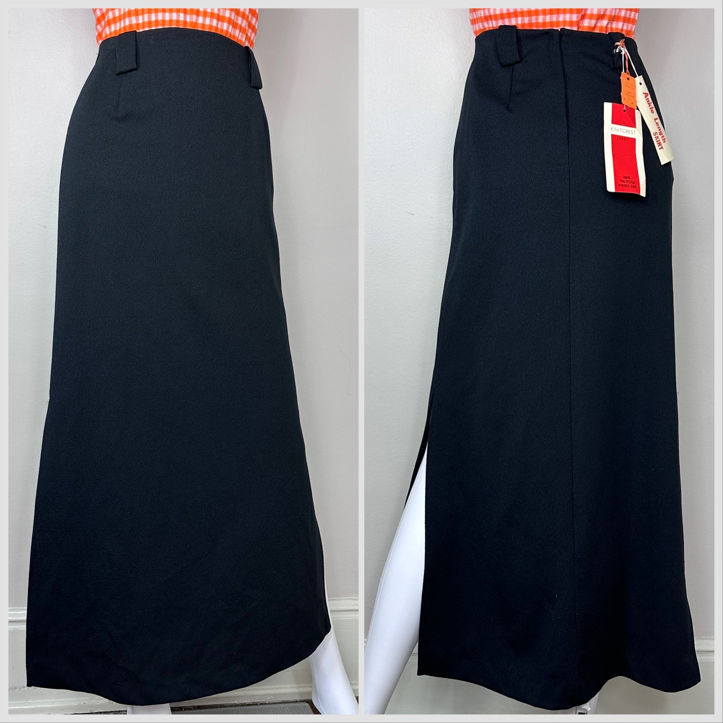 1970s Black Polyester Double Knit Maxi Skirt with High Slits, Knitcrest Size XXS, Deadstock with Tags