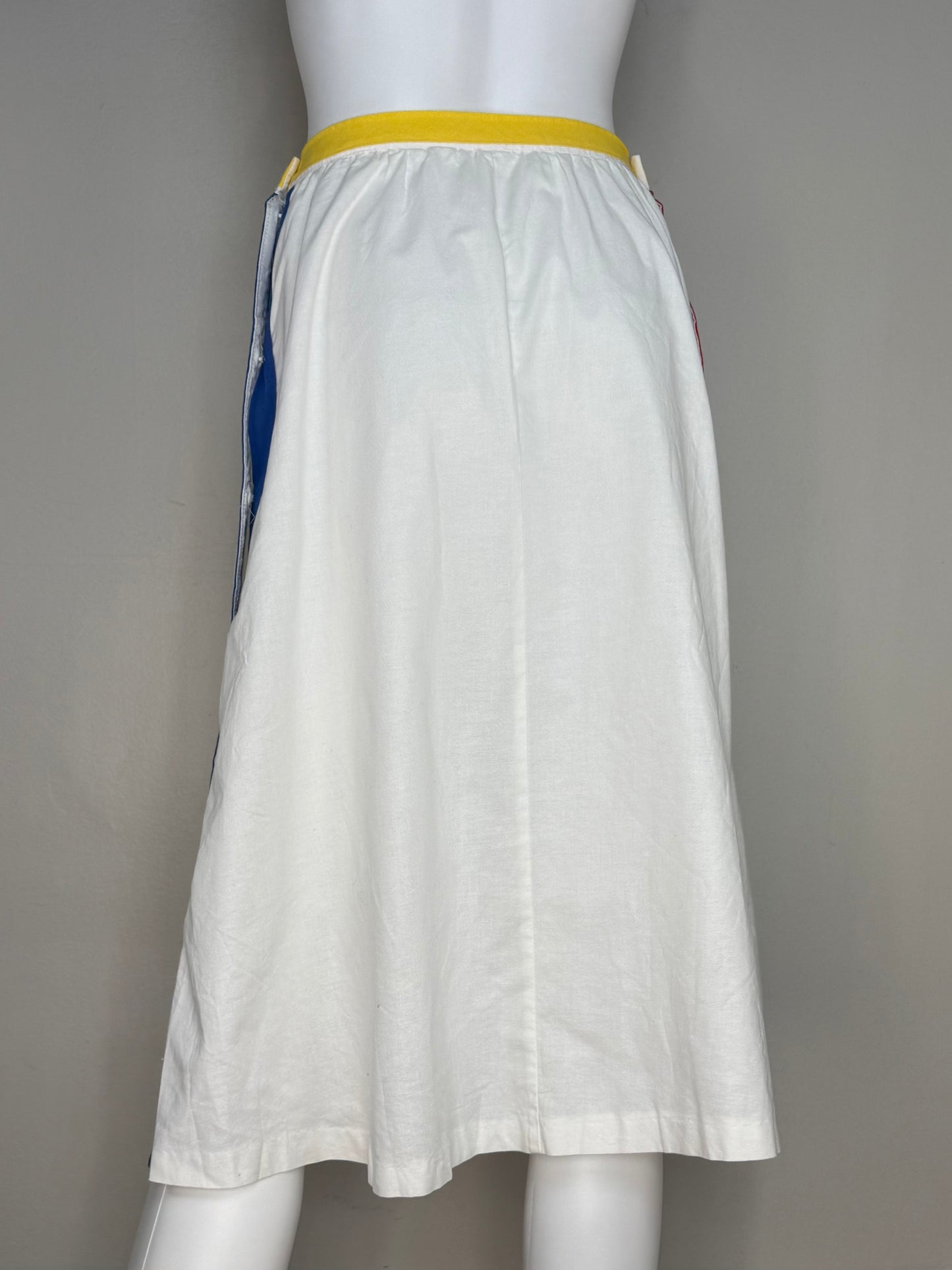 1980s White Side Button Midi Skirt with Primary Color Trim, Petri Sweden Size X-Small