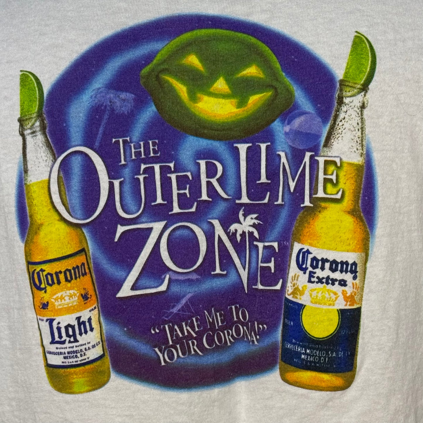 Y2K Corona Halloween T-Shirt, Lime-O-Lantern Beer Promo, The Outer Lime Zone, Take Me to Your Corona, All Sport Size XL