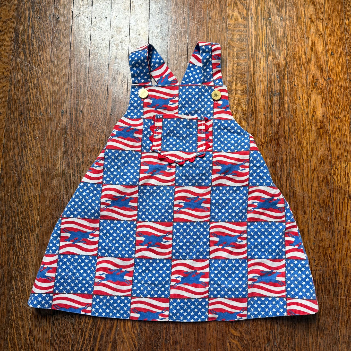 1970s USA Bicentennial Print Girl’s Jumper, Overall Dress, Handmade Size 3T