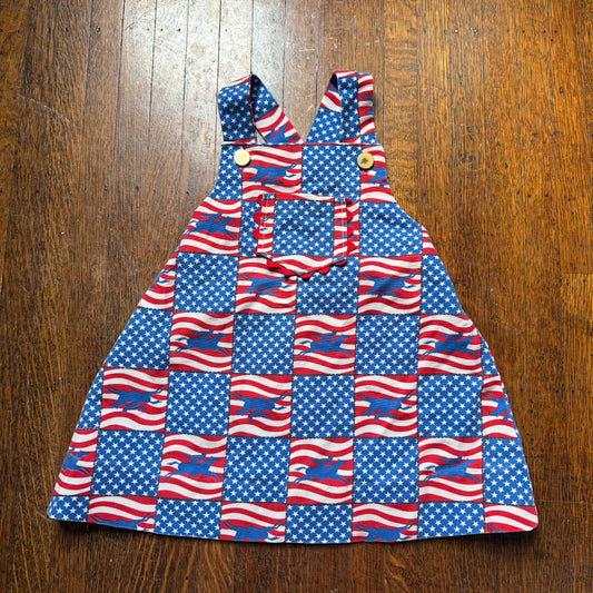 1970s USA Bicentennial Print Girl’s Jumper, Overall Dress, Handmade Size 3T